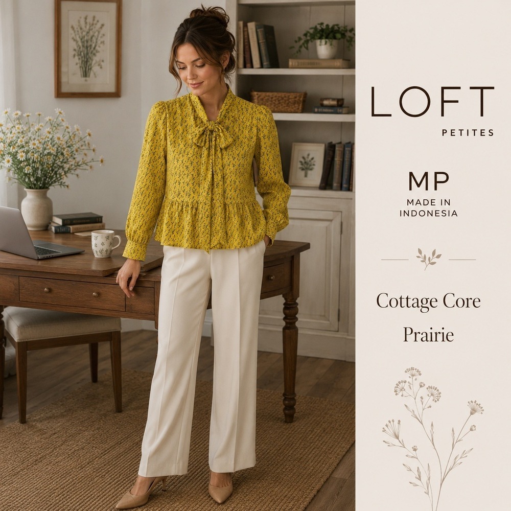 LOFT Blouse Womens MP Yellow Floral Peplum Tie Neck Long Sleeve Modern Office